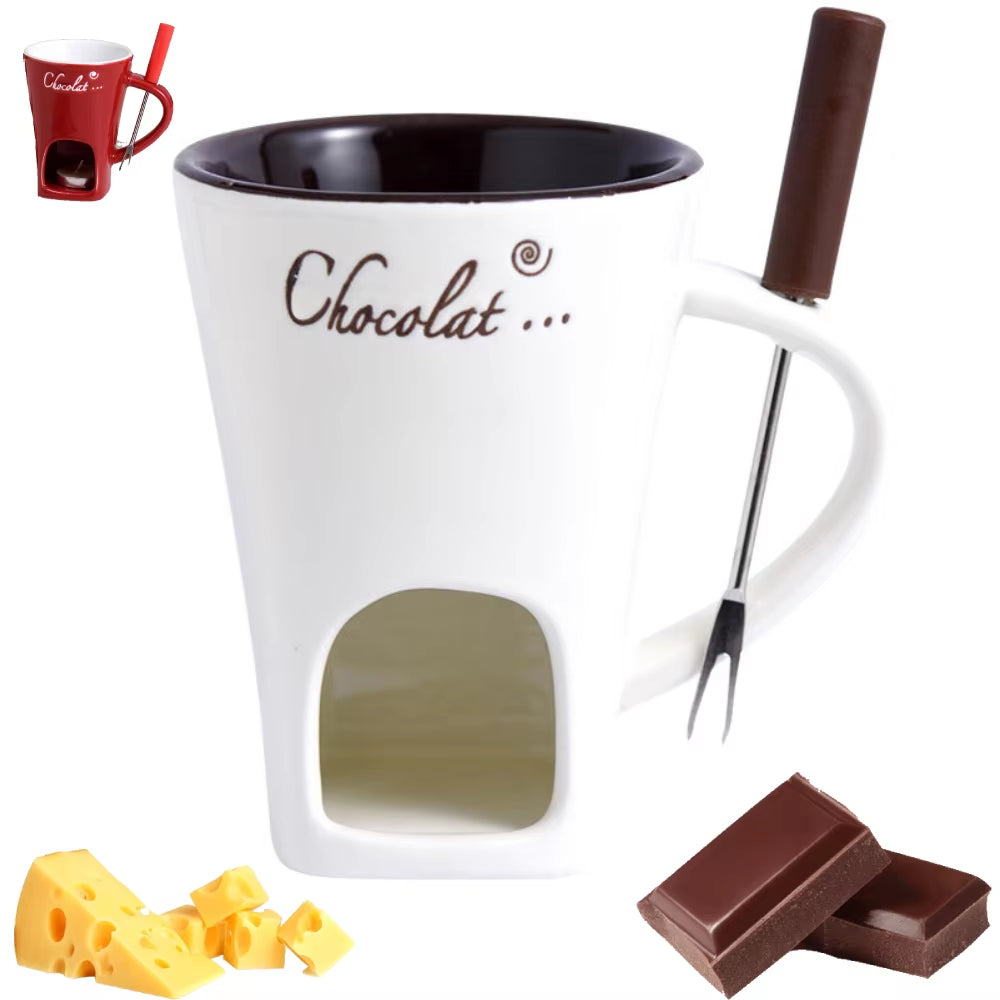Ceramic Chocolate Cup with Fork Fondue Mug Chocolate Melting Cup Candle Cup Coffee Cup Butter Melt Pot for Dessert Home Cooking