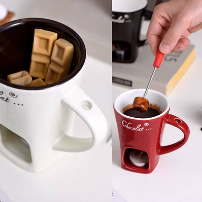 Ceramic Chocolate Cup with Fork Fondue Mug Chocolate Melting Cup Candle Cup Coffee Cup Butter Melt Pot for Dessert Home Cooking
