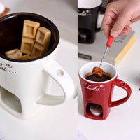 Ceramic Chocolate Cup with Fork Fondue Mug Chocolate Melting Cup Candle Cup Coffee Cup Butter Melt Pot for Dessert Home Cooking