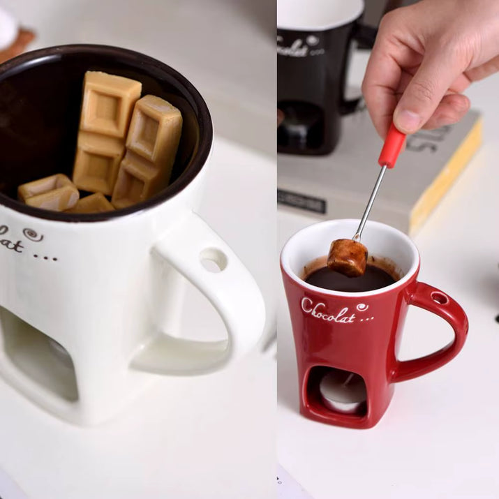 Ceramic Chocolate Cup with Fork Fondue Mug Chocolate Melting Cup Candle Cup Coffee Cup Butter Melt Pot for Dessert Home Cooking