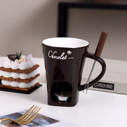 Ceramic Chocolate Cup with Fork Fondue Mug Chocolate Melting Cup Candle Cup Coffee Cup Butter Melt Pot for Dessert Home Cooking