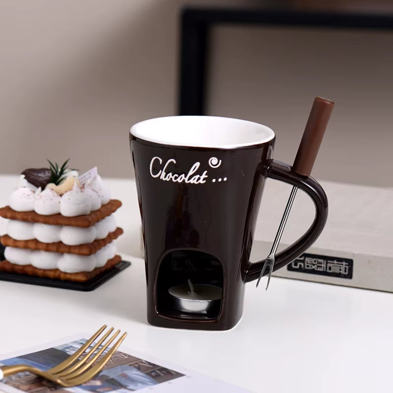Ceramic Chocolate Cup with Fork Fondue Mug Chocolate Melting Cup Candle Cup Coffee Cup Butter Melt Pot for Dessert Home Cooking