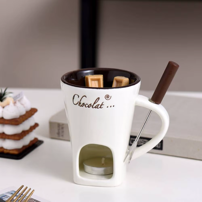 Ceramic Chocolate Cup with Fork Fondue Mug Chocolate Melting Cup Candle Cup Coffee Cup Butter Melt Pot for Dessert Home Cooking