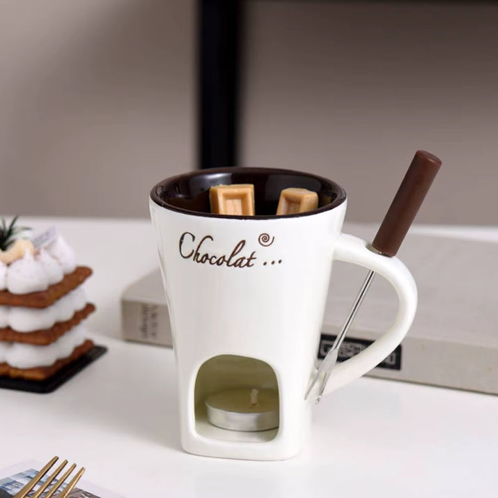 Ceramic Chocolate Cup with Fork Fondue Mug Chocolate Melting Cup Candle Cup Coffee Cup Butter Melt Pot for Dessert Home Cooking