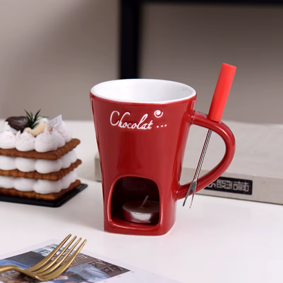 Ceramic Chocolate Cup with Fork Fondue Mug Chocolate Melting Cup Candle Cup Coffee Cup Butter Melt Pot for Dessert Home Cooking
