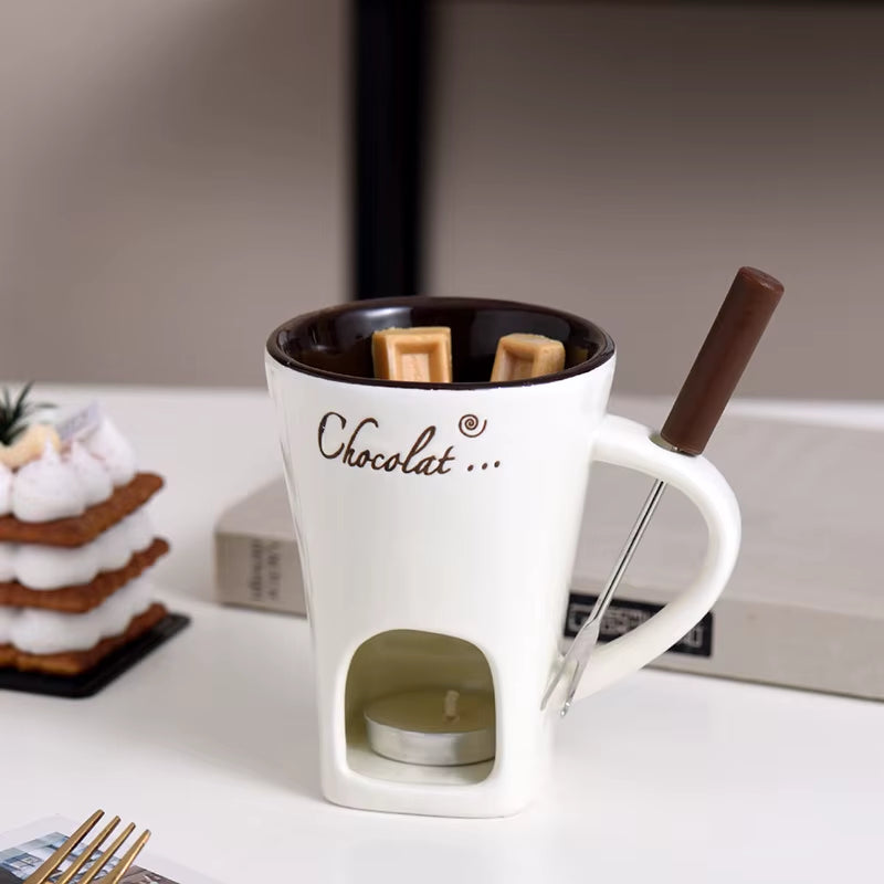 Ceramic Chocolate Cup with Fork Fondue Mug Chocolate Melting Cup Candle Cup Coffee Cup Butter Melt Pot for Dessert Home Cooking