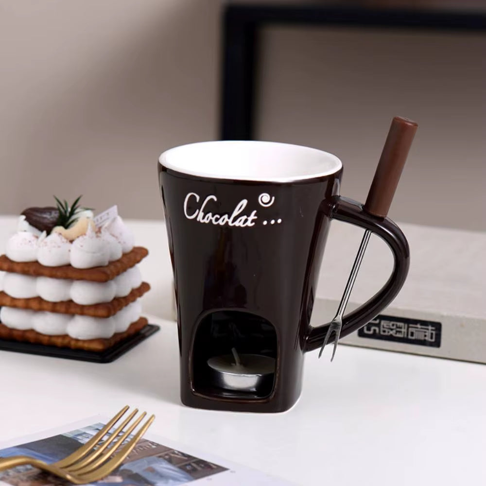 Ceramic Chocolate Cup with Fork Fondue Mug Chocolate Melting Cup Candle Cup Coffee Cup Butter Melt Pot for Dessert Home Cooking