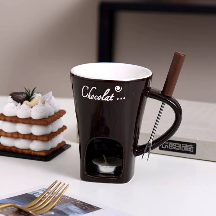 Ceramic Chocolate Cup with Fork Fondue Mug Chocolate Melting Cup Candle Cup Coffee Cup Butter Melt Pot for Dessert Home Cooking